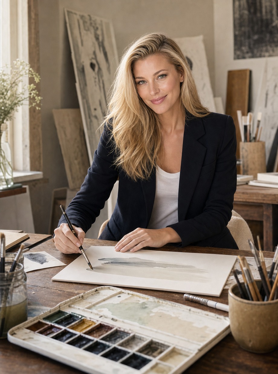 Nicole Brachetti Peretti sketching with watercolours at a studio table