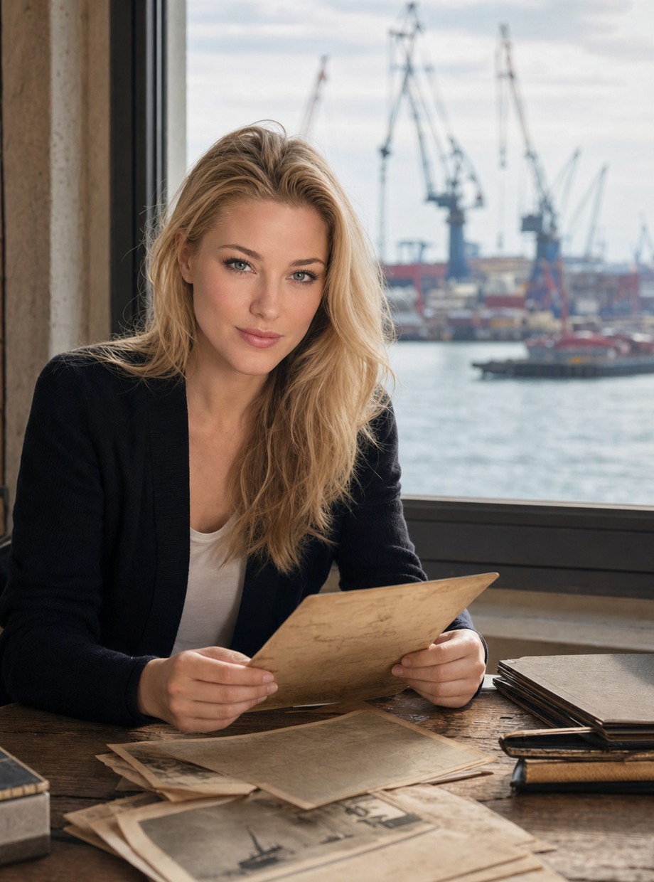 Nicole Brachetti Peretti holding old photographs by a harbour-view window