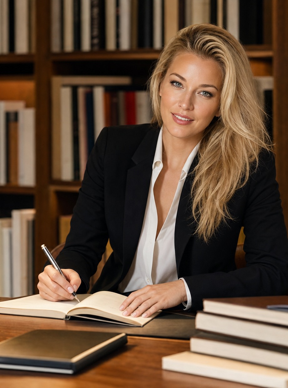 Nicole Brachetti Peretti drafting in an open notebook at a desk lined with books