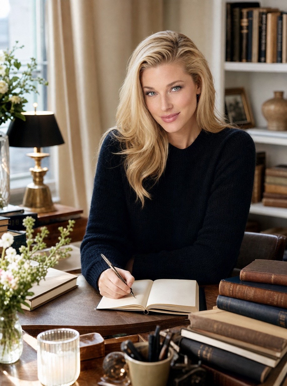 Nicole Brachetti Peretti writing a dated entry in an open notebook at a book-lined desk