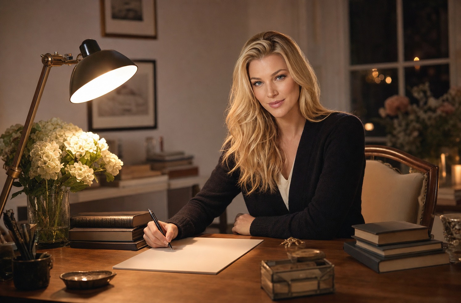Nicole Brachetti Peretti writing by lamplight at a wooden desk