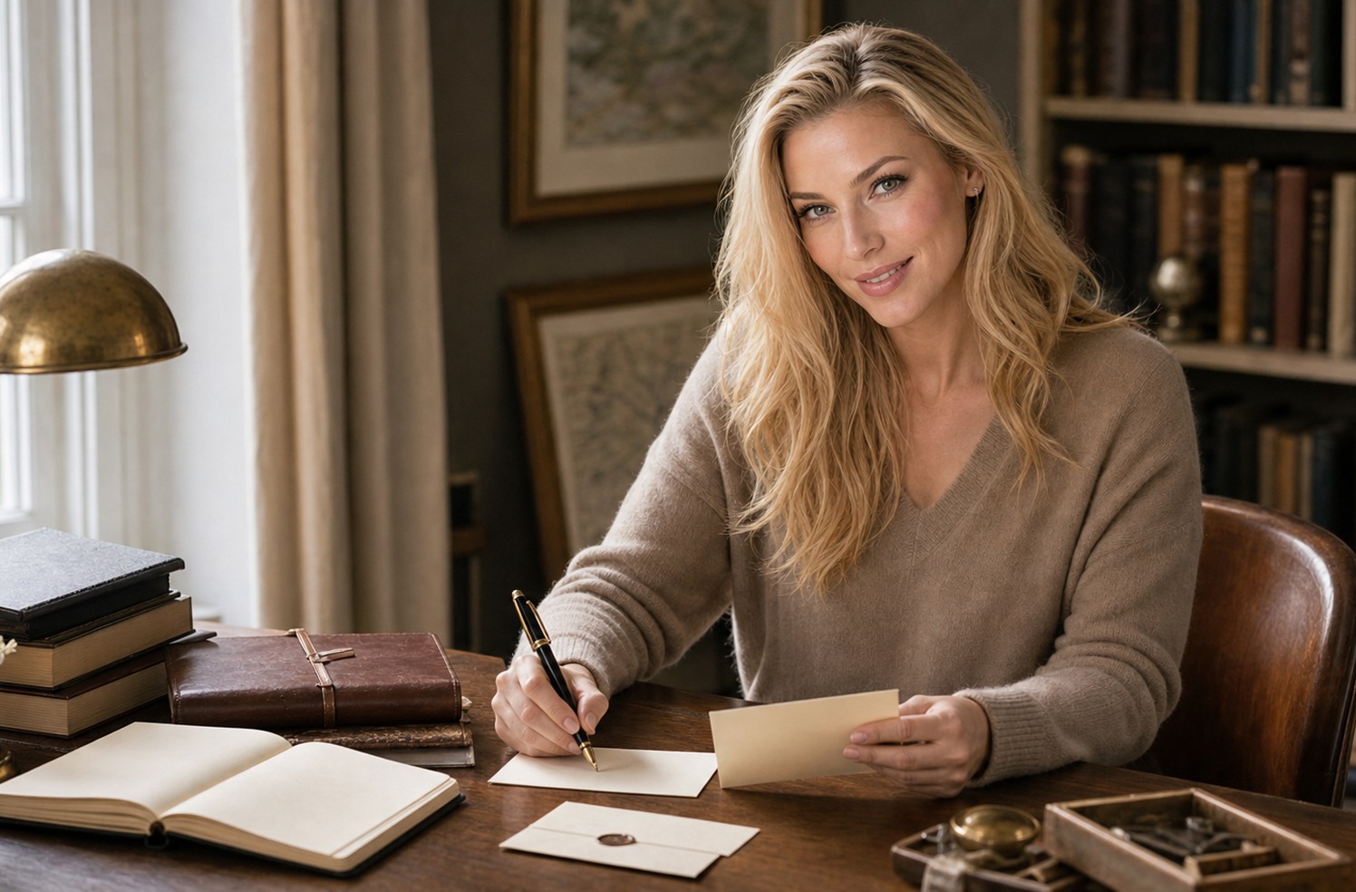 Nicole Brachetti Peretti reviewing notes at a tidy desk